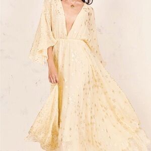 LoveShackFancy Size M Solana Star Print Midi Dress Silk Chiffon in Sunflower EUC